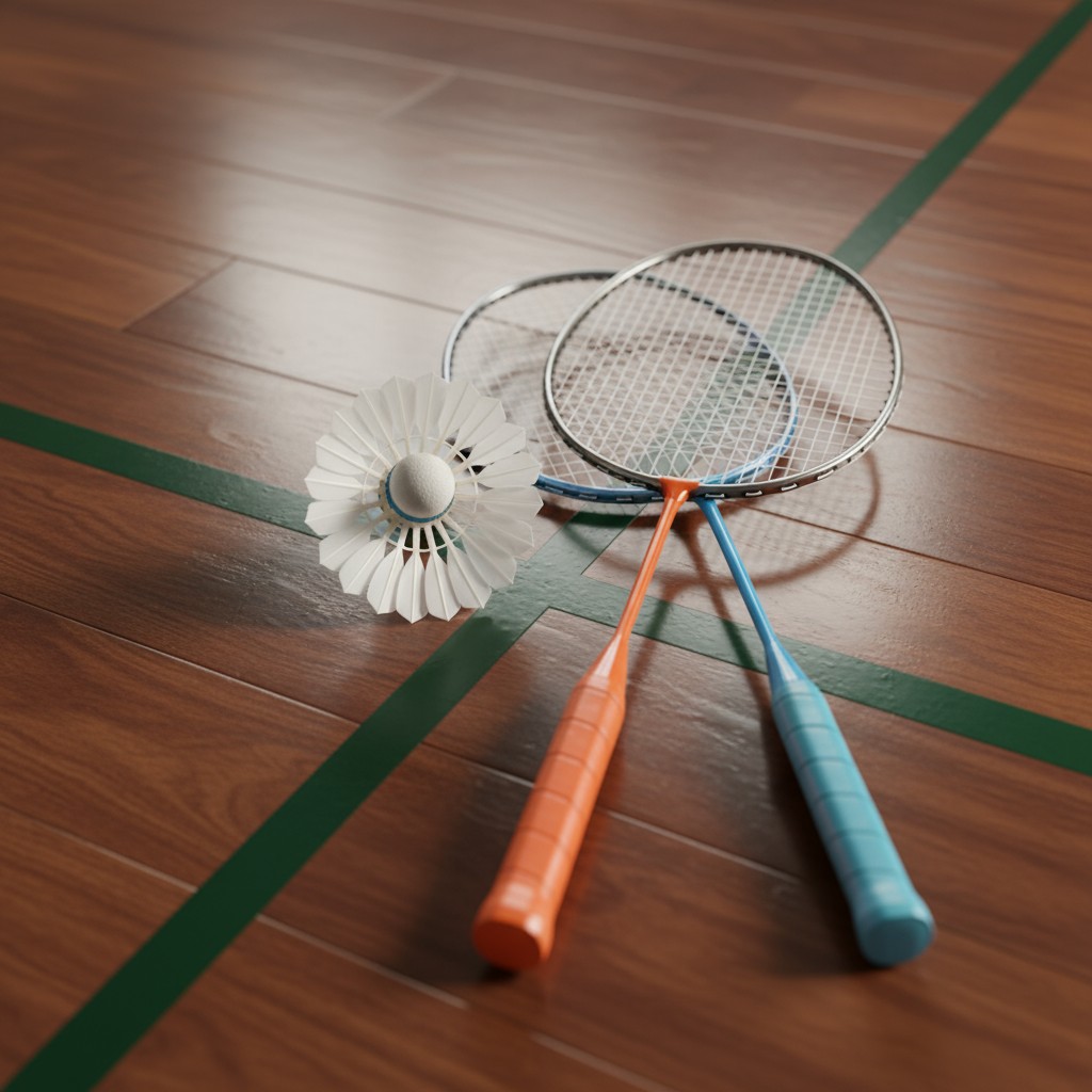 Two badminton rackets and a shuttlecock on a wooden floor with green tape lines.